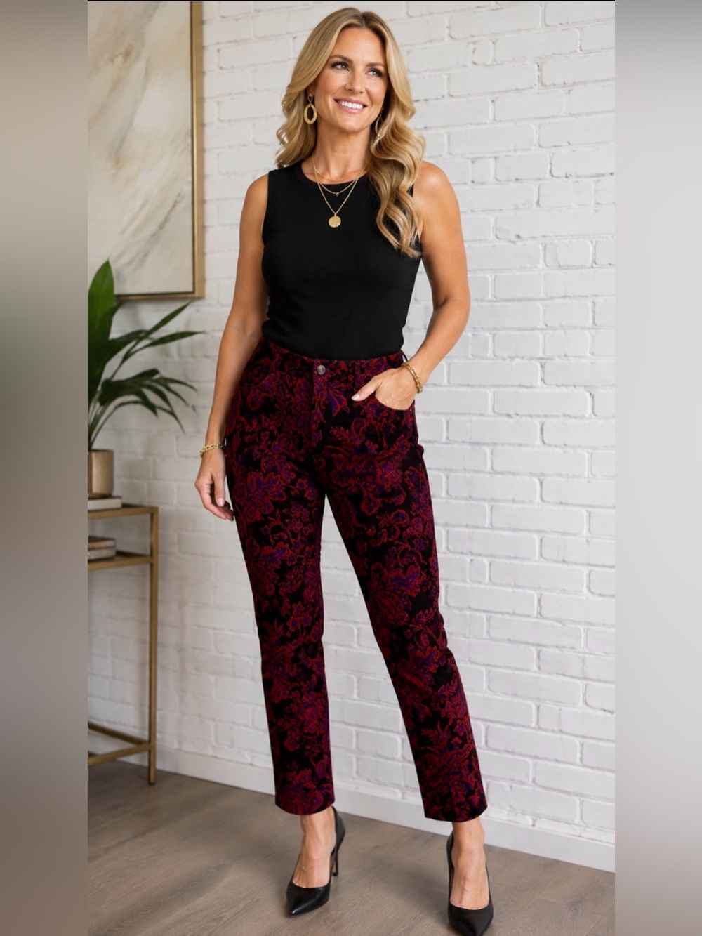 ANTHROPOLOGIE THE ESSENTIAL SLIM VELVET TROUSERS PANT FESTIVAL FLORAL PATTERN 10